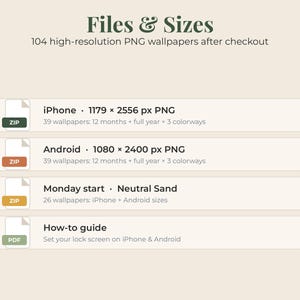 May include: A digital file information graphic titled Files & Sizes listing 104 high-resolution PNG wallpapers. It displays four rows with file icons labeled ZIP or PDF, detailing specifications for iPhone, Android, Monday start, and a How-to guide.
