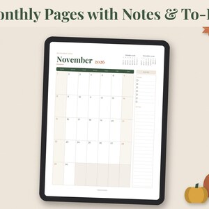 May include: A digital tablet displaying a November 2026 monthly calendar page with a dark green header, a grid layout for dates, and a side column for notes and to-do lists. The text reads Monthly Pages with Notes & To-Do and November 2026.