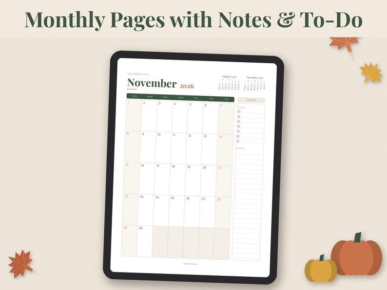 May include: A digital tablet displaying a November 2026 monthly calendar page with a dark green header, a grid layout for dates, and a side column for notes and to-do lists. The text reads Monthly Pages with Notes & To-Do and November 2026.