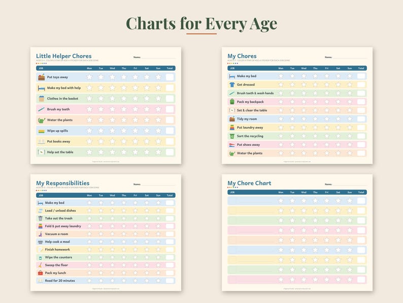 May include: Four printable chore charts titled Charts for Every Age, Little Helper Chores, My Chores, My Responsibilities, and My Chore Chart. Each chart features a grid with rows for tasks, columns for days of the week, and star icons for tracking.