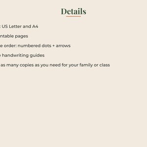 May include: A digital document titled Details, featuring 61 printable pages in US Letter and A4 sizes. It includes 3-line handwriting guides and stroke order instructions using numbered dots and arrows, allowing for multiple copies for family or class.