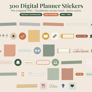 May include: A collection of 300 digital planner stickers in boho colors, including pre-cropped PNG files and a GoodNotes sticker book. The set features various shapes, washi tape strips, icons, and text labels like Saturday, This Week, and Notes.