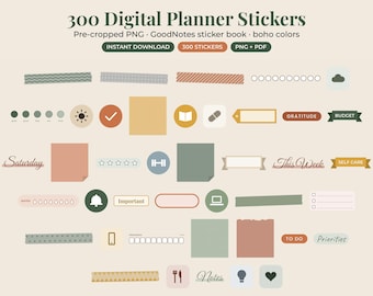 Stickers numériques pour agenda GoodNotes, 300 PNG prédécoupés, icônes de notes adhésives bohèmes