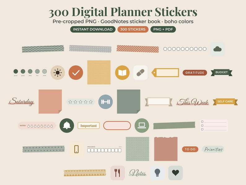 May include: A collection of 300 digital planner stickers in boho colors, including pre-cropped PNG files and a GoodNotes sticker book. The set features various shapes, washi tape strips, icons, and text labels like Saturday, This Week, and Notes.