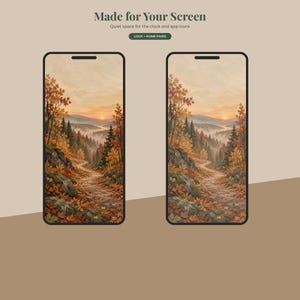 May include: Two smartphone screens displaying a digital wallpaper of an autumn landscape with a winding path through a forest of orange and brown trees under a sunset sky. The text reads Made for Your Screen, Quiet space for the clock and app icons, LOCK + HOME PAIRS.