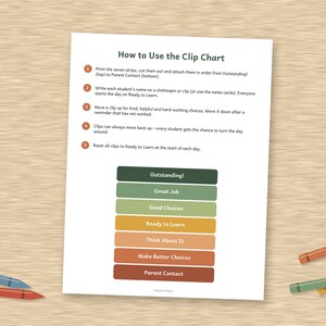 May include: A white instructional sheet titled How to Use the Clip Chart with five numbered steps and a vertical color-coded chart featuring seven horizontal bars labeled Outstanding, Great Job, Good Choices, Ready to Learn, Think About It, Make Better Choices, and Parent Contact.