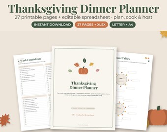 Thanksgiving Planner Printable, Dinner Menu, Grocery List, Friendsgiving Checklist, Holiday Meal Spreadsheet, Recipe Cards