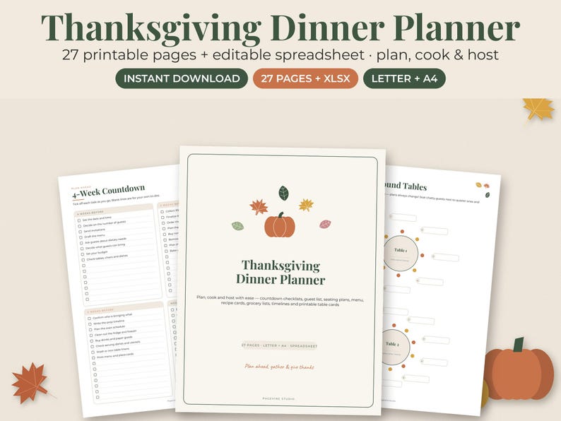 May include: A Thanksgiving Dinner Planner digital set featuring 27 printable pages and an editable spreadsheet. The cover page displays a pumpkin and autumn leaves with the text Thanksgiving Dinner Planner. Includes checklists and seating charts.
