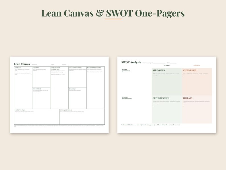May include: Two white business planning templates titled Lean Canvas & SWOT One-Pagers. The left document features a Lean Canvas grid with sections for problem, solution, and revenue streams. The right document shows a SWOT analysis grid.