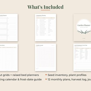 May include: A digital garden planner set featuring six pages including a cover page titled Garden Planner with a leaf graphic, raised bed planner, companion planting chart, seed inventory, garden layout grid, and seed starting by frost date.