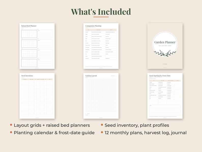 May include: A digital garden planner set featuring six pages including a cover page titled Garden Planner with a leaf graphic, raised bed planner, companion planting chart, seed inventory, garden layout grid, and seed starting by frost date.
