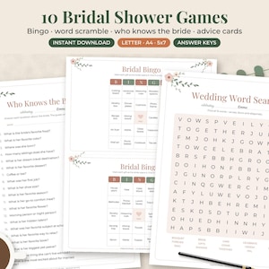 May include: A collection of printable bridal shower game sheets featuring titles like Bridal Bingo, Who Knows the Bride, and Wedding Word Search. The documents have a white background with floral accents, dark green text, and pink grid boxes.