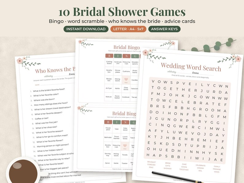May include: A collection of printable bridal shower game sheets featuring titles like Bridal Bingo, Who Knows the Bride, and Wedding Word Search. The documents have a white background with floral accents, dark green text, and pink grid boxes.