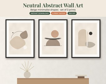 Neutral Abstract Wall Art Set of 3, Beige Minimalist Prints, Living Room Printable