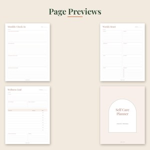 May include: A digital planner set featuring four pages with a light beige background. The pages include a Monthly Check-in, Weekly Reset, Wellness Goal, and a cover page titled Self Care Planner with an arched graphic design element.