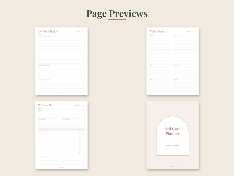 May include: A digital planner set featuring four pages with a light beige background. The pages include a Monthly Check-in, Weekly Reset, Wellness Goal, and a cover page titled Self Care Planner with an arched graphic design element.