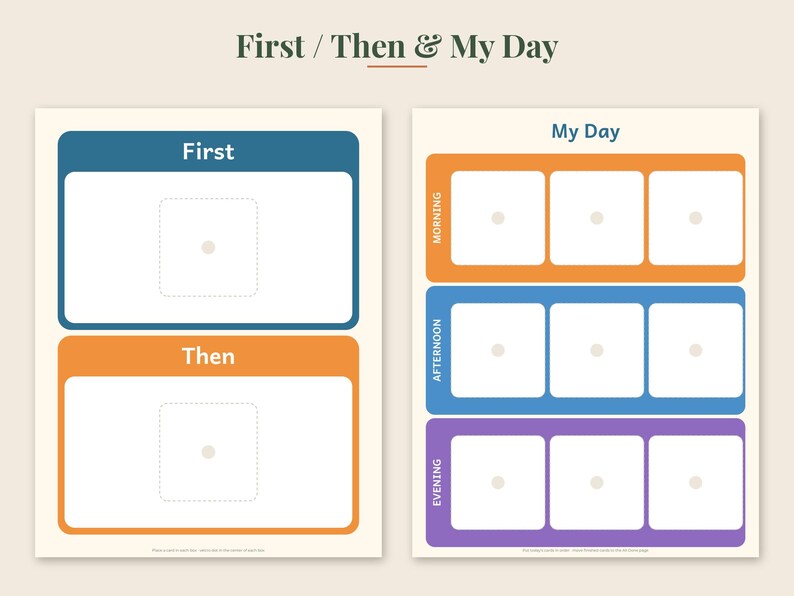 May include: A visual schedule planner featuring two sheets with the text First / Then & My Day. The first sheet has blue and orange sections labeled First and Then. The second sheet is titled My Day with orange, blue, and purple rows for Morning, Afternoon, and Evening, each containing three white square boxes.