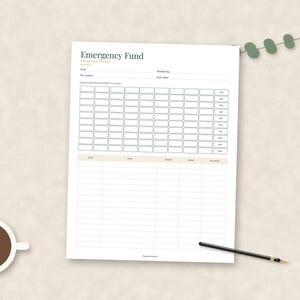 May include: A white paper emergency fund tracker sheet with the title Emergency Fund, a grid of empty boxes for savings goals, and a transaction log table with columns for date, notes, income, expense, and balance, accompanied by a pen.