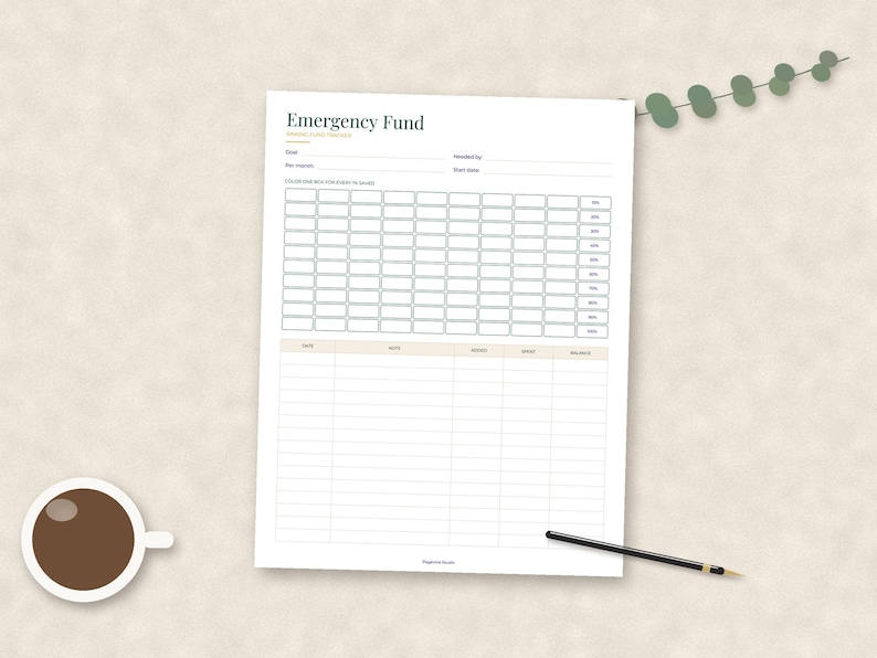 May include: A white paper emergency fund tracker sheet with the title Emergency Fund, a grid of empty boxes for savings goals, and a transaction log table with columns for date, notes, income, expense, and balance, accompanied by a pen.