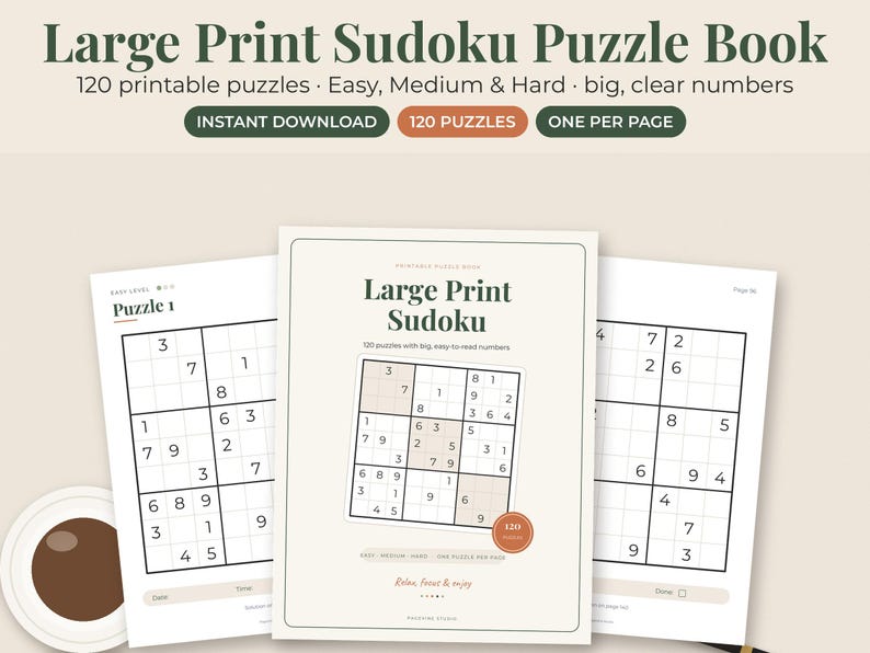 May include: A Large Print Sudoku Puzzle Book featuring 120 printable puzzles with big, clear numbers. The cover displays the title, a sample grid, and the text 120 PUZZLES. Three pages are shown, each containing a black and white Sudoku grid.