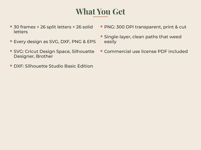 May include: A digital file set titled What You Get containing 30 frames, 26 split letters, and 26 solid letters. Files are provided in SVG, DXF, PNG, and EPS formats, compatible with Cricut Design Space, Silhouette Designer, Brother, and Silhouette Studio.