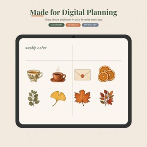 May include: A digital planner page titled weekly notes featuring eight autumn-themed stickers including a teacup, coffee mug, envelope, orange slices, and various leaves. The top text reads Made for Digital Planning with Goodnotes, Notability, and Any PNG App labels.