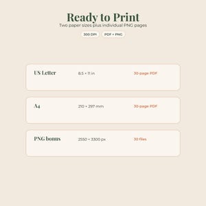 Puede incluir: Un gr&aacute;fico de informaci&oacute;n de archivo digital titulado Ready to Print. Enumera US Letter 8.5 x 11 in 30-page PDF, A4 210 x 297 mm 30-page PDF y PNG bonus 2550 x 3300 px 30 files. El gr&aacute;fico especifica 300 DPI y PDF + PNG.