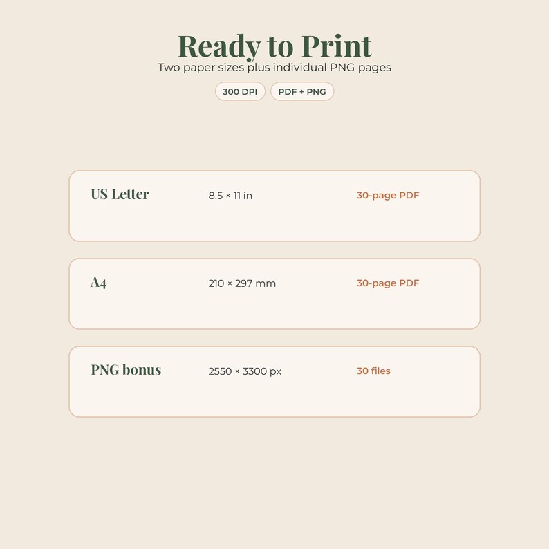 Puede incluir: Un gr&aacute;fico de informaci&oacute;n de archivo digital titulado Ready to Print. Enumera US Letter 8.5 x 11 in 30-page PDF, A4 210 x 297 mm 30-page PDF y PNG bonus 2550 x 3300 px 30 files. El gr&aacute;fico especifica 300 DPI y PDF + PNG.