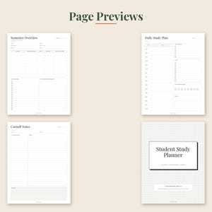 May include: A digital student study planner set featuring four page layouts with black text on white backgrounds. The pages include a Semester Overview, Daily Study Plan, Cornell Notes, and a cover page titled Student Study Planner.