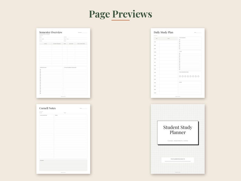 May include: A digital student study planner set featuring four page layouts with black text on white backgrounds. The pages include a Semester Overview, Daily Study Plan, Cornell Notes, and a cover page titled Student Study Planner.