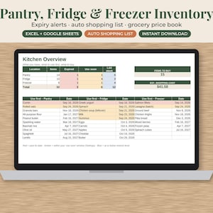 May include: A digital pantry, fridge, and freezer inventory spreadsheet displayed on a laptop screen. The interface includes a Kitchen Overview table, expiry alerts, and an auto shopping list feature with a total estimated cost of $41.58.