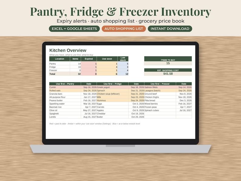May include: A digital pantry, fridge, and freezer inventory spreadsheet displayed on a laptop screen. The interface includes a Kitchen Overview table, expiry alerts, and an auto shopping list feature with a total estimated cost of $41.58.