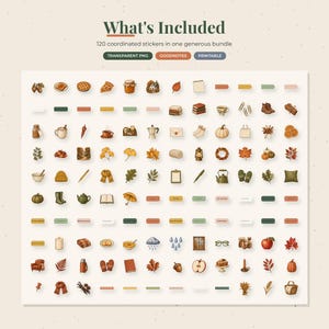 May include: A digital sticker collection featuring 120 autumn-themed illustrations including pumpkins, leaves, cozy beverages, books, and seasonal decor. The text reads What's Included, 120 coordinated stickers in one generous bundle, Transparent PNG, Goodnotes, Printable.