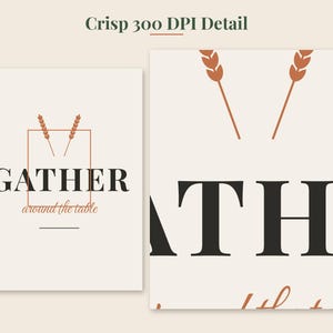 May include: A rectangular wall art print featuring the black text GATHER in a serif font, with the script text around the table below it. Two orange wheat stalks are positioned inside a thin orange rectangular frame above the word GATHER.