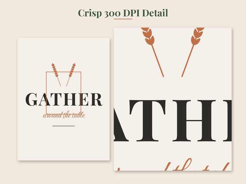 May include: A rectangular wall art print featuring the black text GATHER in a serif font, with the script text around the table below it. Two orange wheat stalks are positioned inside a thin orange rectangular frame above the word GATHER.