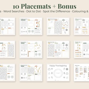 May include: A set of 10 printable activity placemats plus a bonus sheet, featuring mazes, word searches, dot-to-dot, and spot-the-difference games. The text reads 10 Placemats + Bonus, Mazes, Word Searches, Dot to Dot, Spot the Difference, Colouring & more.