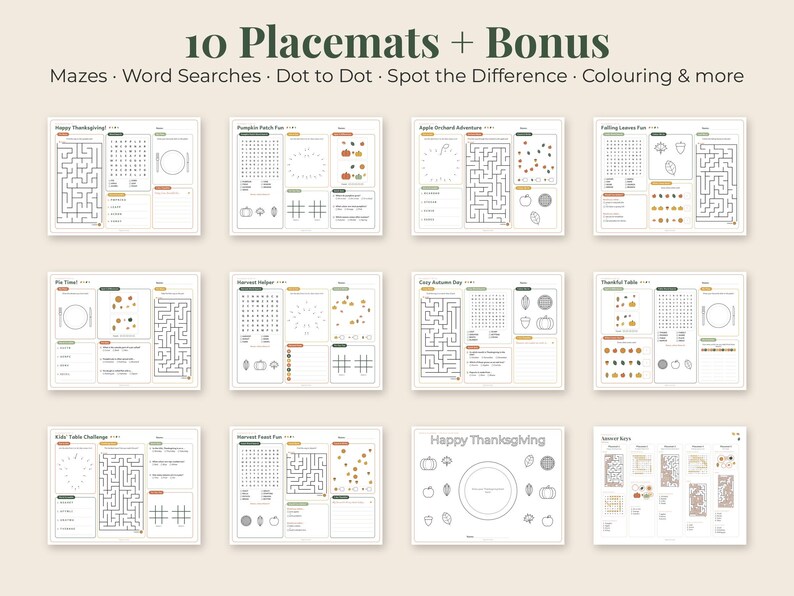 May include: A set of 10 printable activity placemats plus a bonus sheet, featuring mazes, word searches, dot-to-dot, and spot-the-difference games. The text reads 10 Placemats + Bonus, Mazes, Word Searches, Dot to Dot, Spot the Difference, Colouring & more.