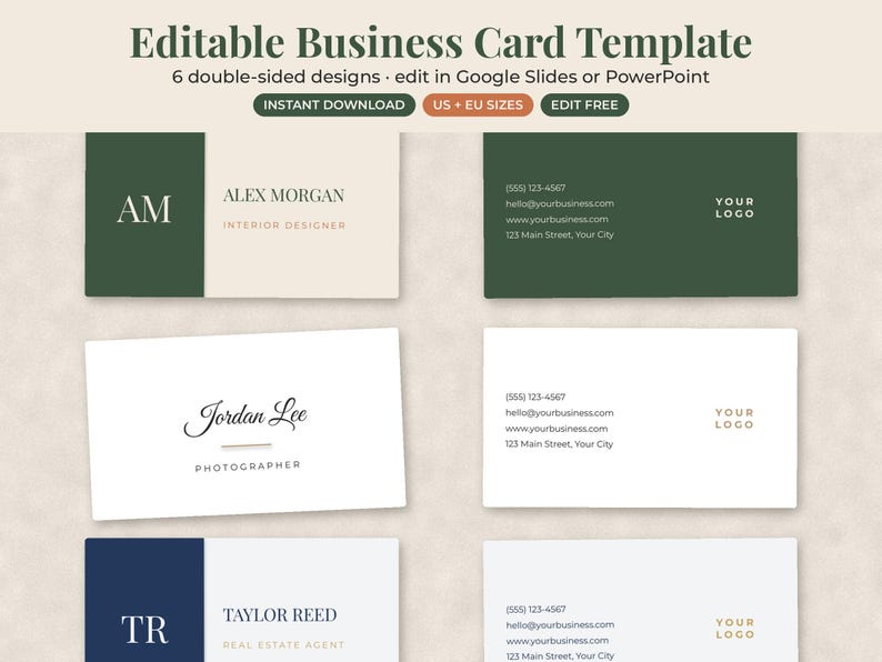 May include: An editable business card template featuring six double-sided designs in dark green, white, and navy blue. The text includes "Editable Business Card Template," "6 double-sided designs," "edit in Google Slides or PowerPoint," "INSTANT DOWNLOAD," "US + EU SIZES," and "EDIT FREE."