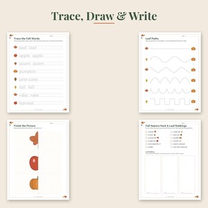 May include: Four educational activity sheets titled Trace, Draw & Write featuring fall-themed exercises. The pages include tracing words like leaf and pumpkin, drawing leaf paths, completing half-drawn images, and a nature hunt checklist.