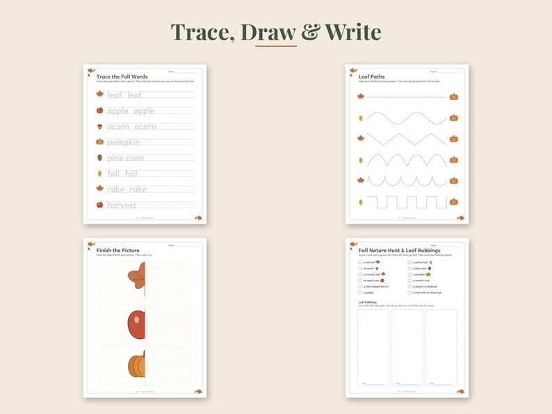 May include: Four educational activity sheets titled Trace, Draw & Write featuring fall-themed exercises. The pages include tracing words like leaf and pumpkin, drawing leaf paths, completing half-drawn images, and a nature hunt checklist.