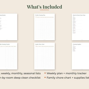 May include: A set of six white printable cleaning planner pages with black text, including a Cleaning Routine, Weekly Cleaning Plan, Room by Room Deep Clean, Monthly Cleaning Tracker, Family Chore Chart, and Cleaning Supplies list on a beige background.
