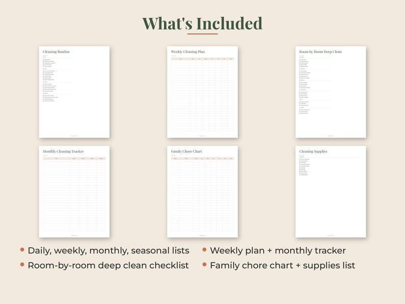 May include: A set of six white printable cleaning planner pages with black text, including a Cleaning Routine, Weekly Cleaning Plan, Room by Room Deep Clean, Monthly Cleaning Tracker, Family Chore Chart, and Cleaning Supplies list on a beige background.