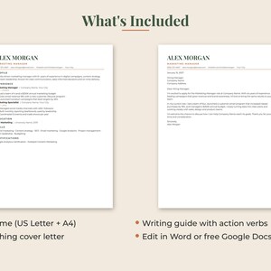 May include: A digital document set featuring a resume and a matching cover letter for a marketing manager named Alex Morgan. The text includes sections for profile, experience, education, skills, and certifications, with a writing guide included.