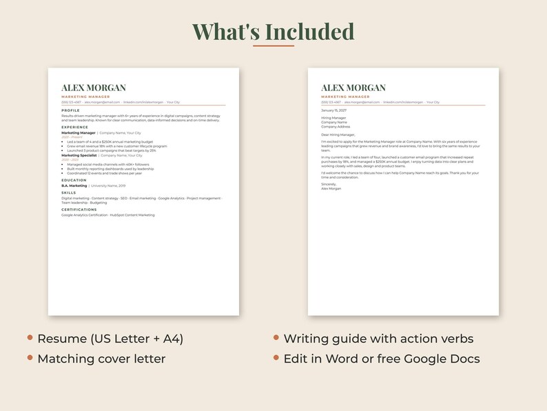 May include: A digital document set featuring a resume and a matching cover letter for a marketing manager named Alex Morgan. The text includes sections for profile, experience, education, skills, and certifications, with a writing guide included.