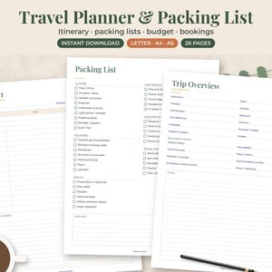 Peut inclure: Un ensemble de planificateur de voyage et liste de bagages num&eacute;rique comprenant trois pages blanches avec du texte sombre. Les pages incluent des en-t&ecirc;tes pour Day 1, Packing List et Trip Overview, avec des cases &agrave; cocher et des sections lign&eacute;es.