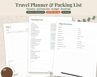 Travel Planner Printable, Vacation Itinerary, Packing List, Family Trip Checklist