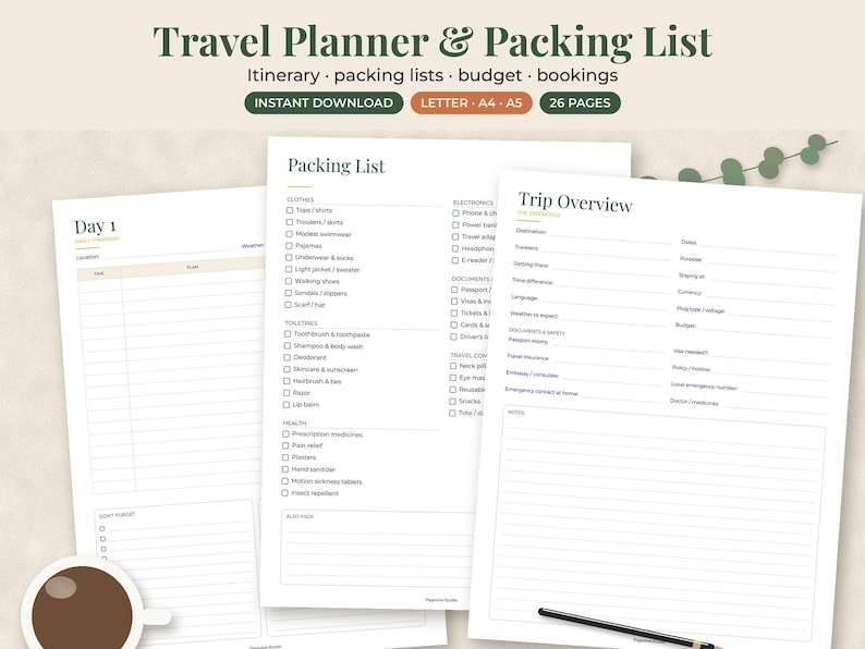 Peut inclure: Un ensemble de planificateur de voyage et liste de bagages num&eacute;rique comprenant trois pages blanches avec du texte sombre. Les pages incluent des en-t&ecirc;tes pour Day 1, Packing List et Trip Overview, avec des cases &agrave; cocher et des sections lign&eacute;es.