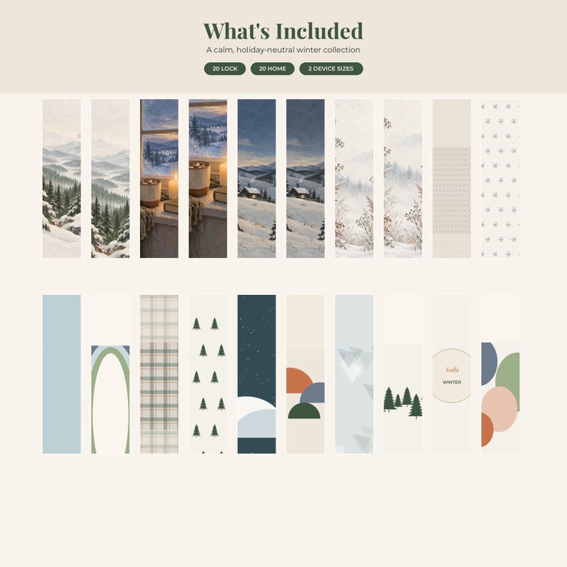 May include: A digital collection of 42 vertical rectangular wallpapers featuring winter themes. Designs include snowy mountain landscapes, cozy window scenes, pine trees, plaid patterns, snowflakes, and abstract shapes with the text Hello Winter.
