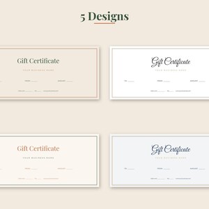 May include: Four rectangular gift certificate templates arranged in a grid, each featuring the text Gift Certificate, Your Business Name, To, From, and Amount, with lines for filling in details. The designs vary in color, font, and border style.
