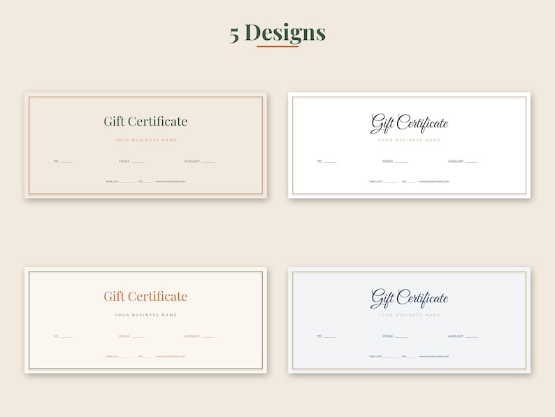 May include: Four rectangular gift certificate templates arranged in a grid, each featuring the text Gift Certificate, Your Business Name, To, From, and Amount, with lines for filling in details. The designs vary in color, font, and border style.